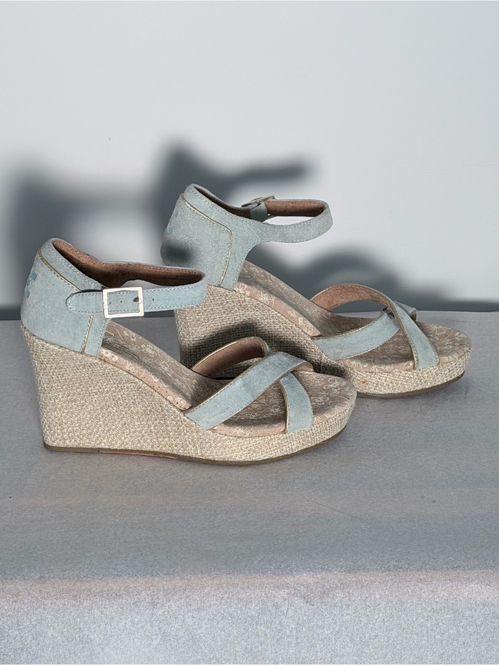 Toms Light Blue Suede Wedge Espadrilles with Ankle Strap 8.5